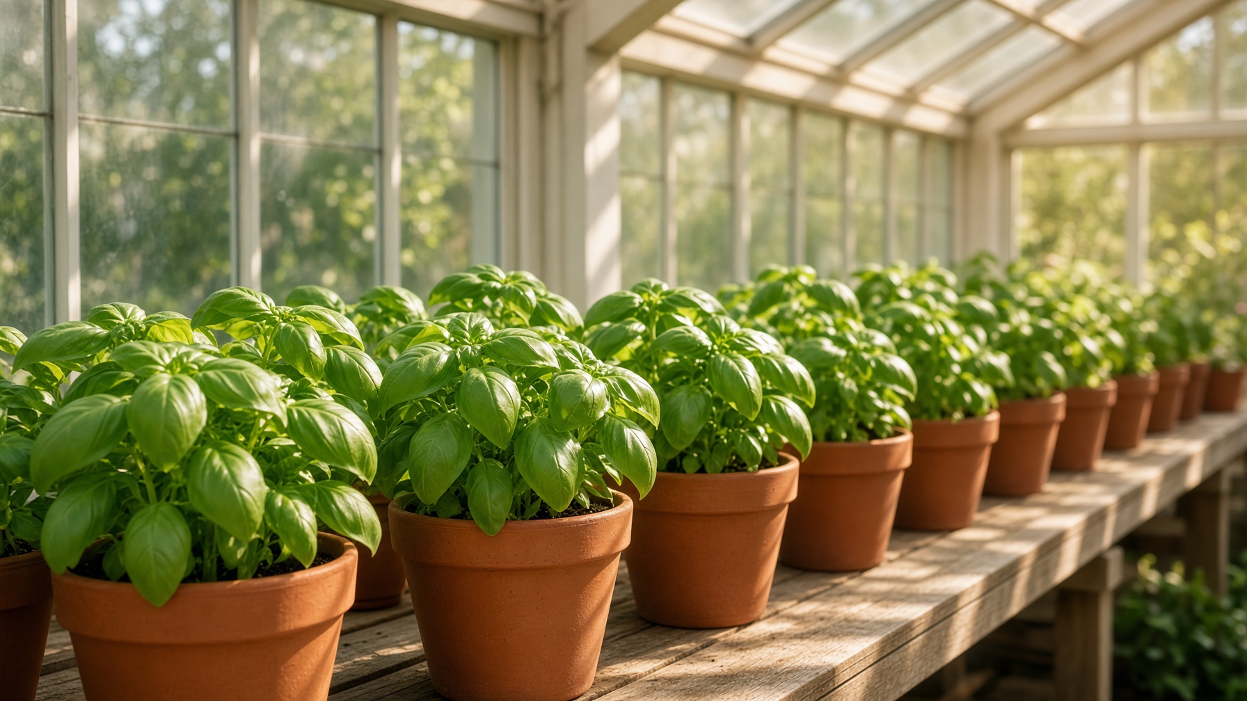Rows of basil plants in terracotta pots inside a sunlit greenhouse