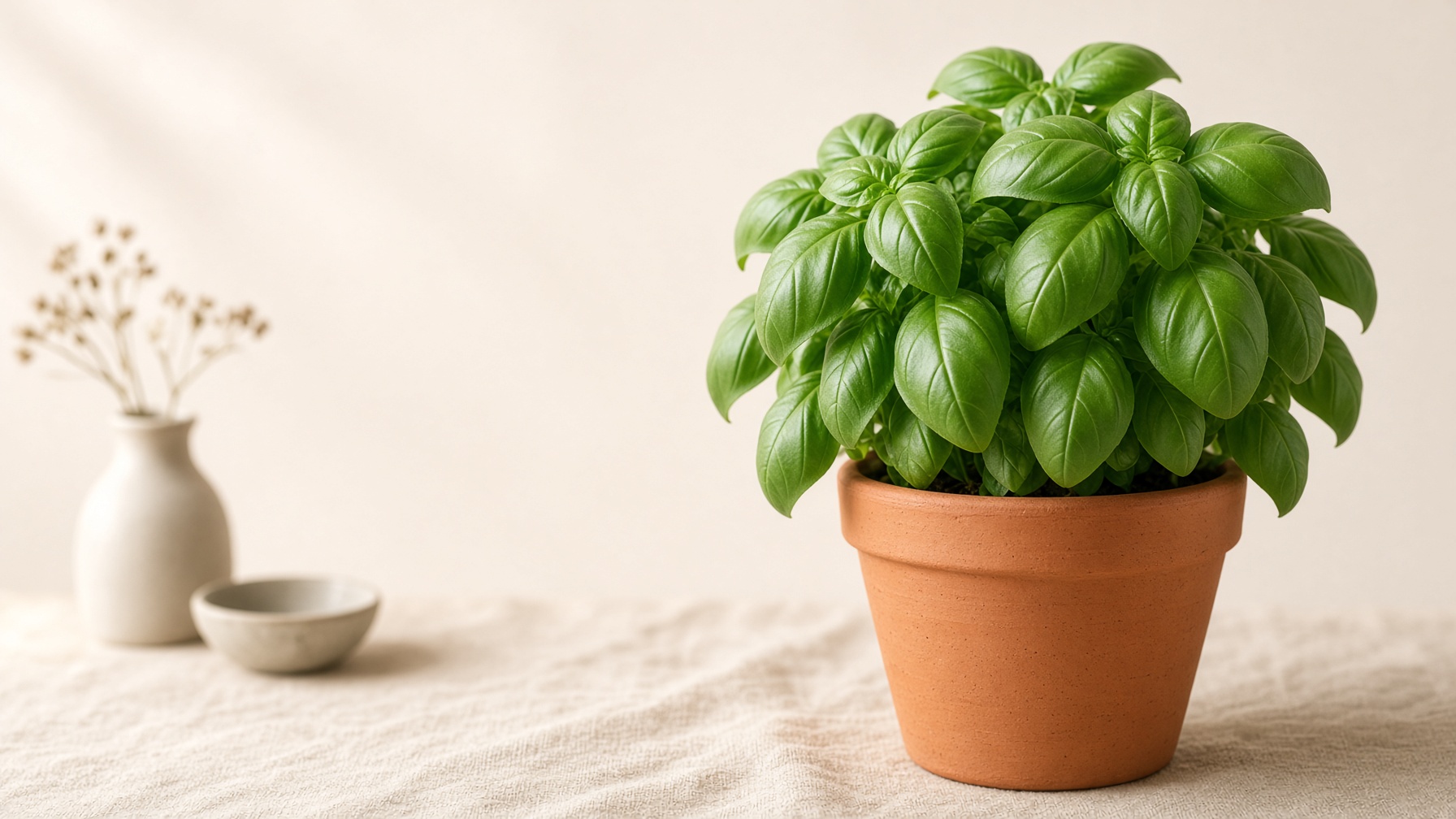 A lush Genovese basil plant in a terracotta pot on cream linen