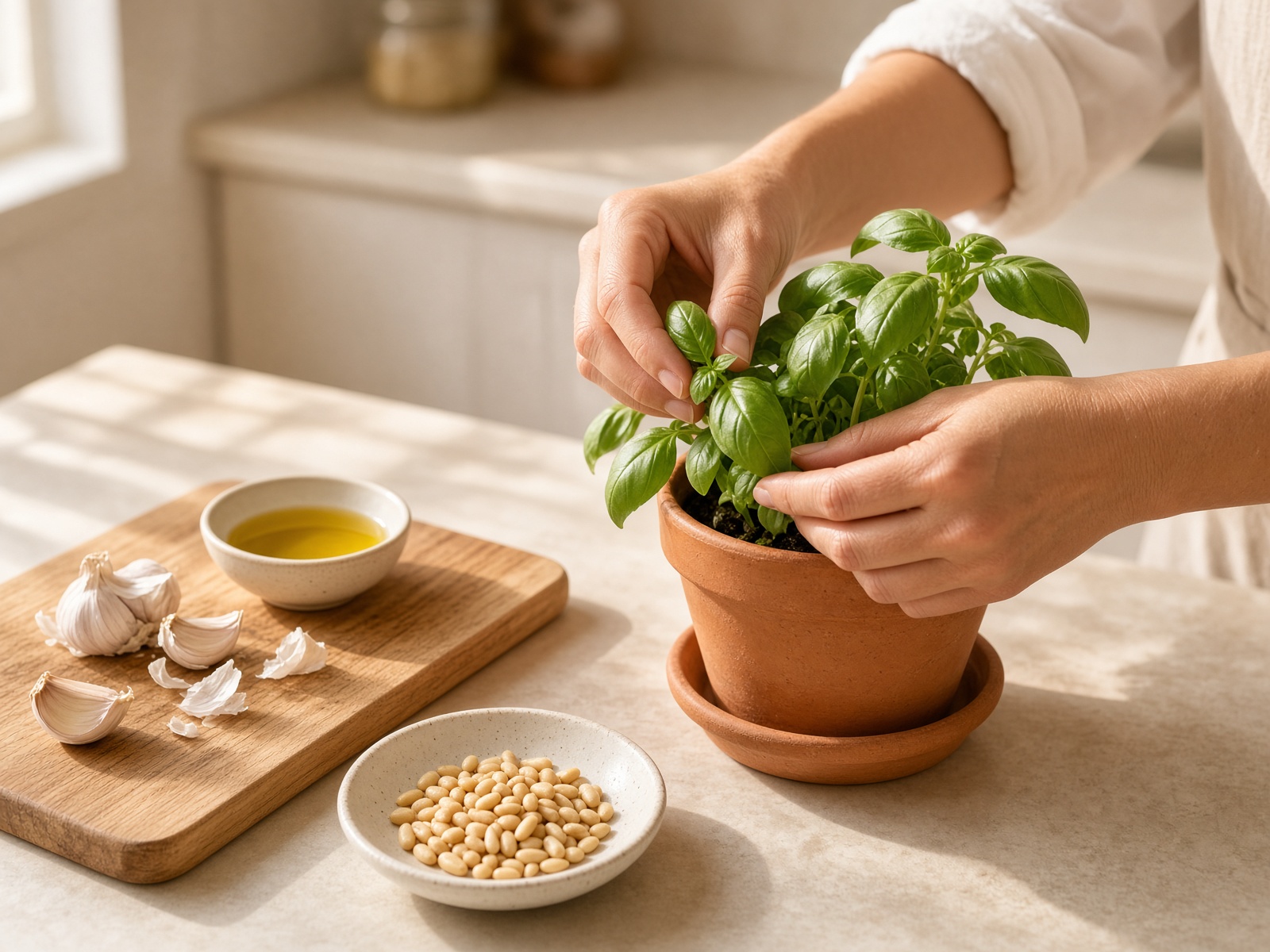 Hands harvesting basil leaves beside pesto ingredients on a kitchen counter